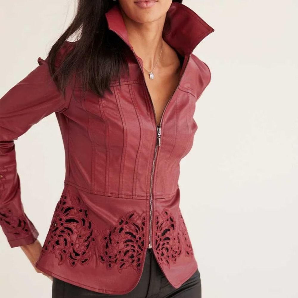 WHBM NWT Cutwork Coated Denim Flirty Jacket Dark Red LEATHER LOOK
